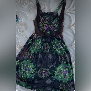 Sky Emerald Green and Purple Patterned Dress w/ brown suede corset trim